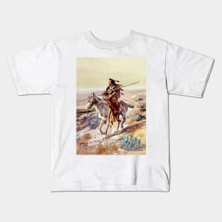 “Indian With Spear” by Charles Russell Kids T-Shirt